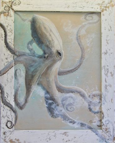 White octopus painted with acrylics on wood panel with recycled wood frame.