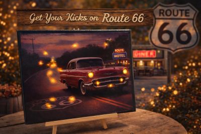 Vintage Route 66 themed artwork with a classic car at sunset.