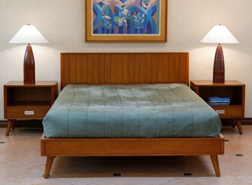 Mid-century modern bedroom with wooden bed and nightstands.