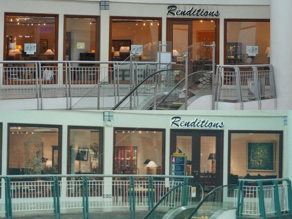 Two views of Renditions, a cozy indoor shopping space with glass doors and warm lighting.