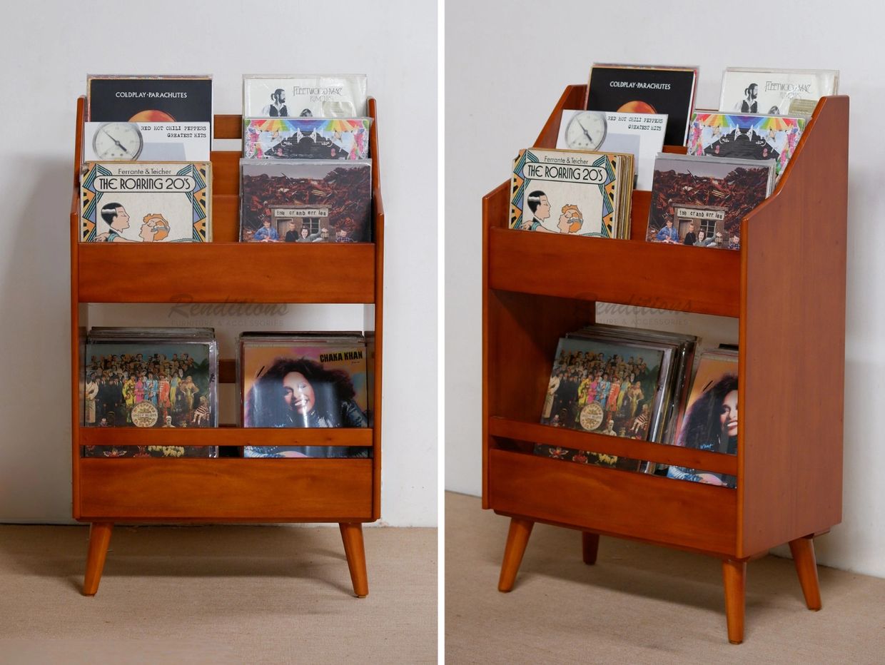 Wooden vinyl record storage stand with retro design and angled legs.