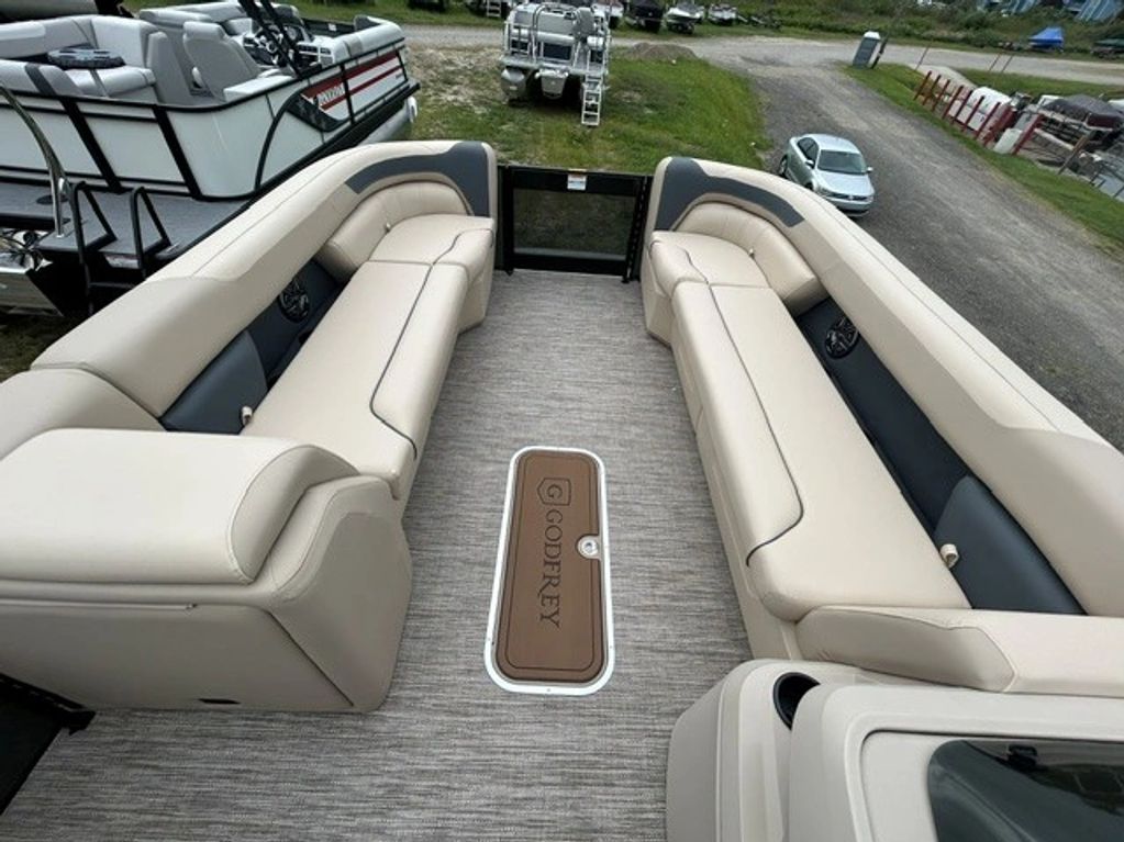 Interior seating area of a Godfrey pontoon boat.