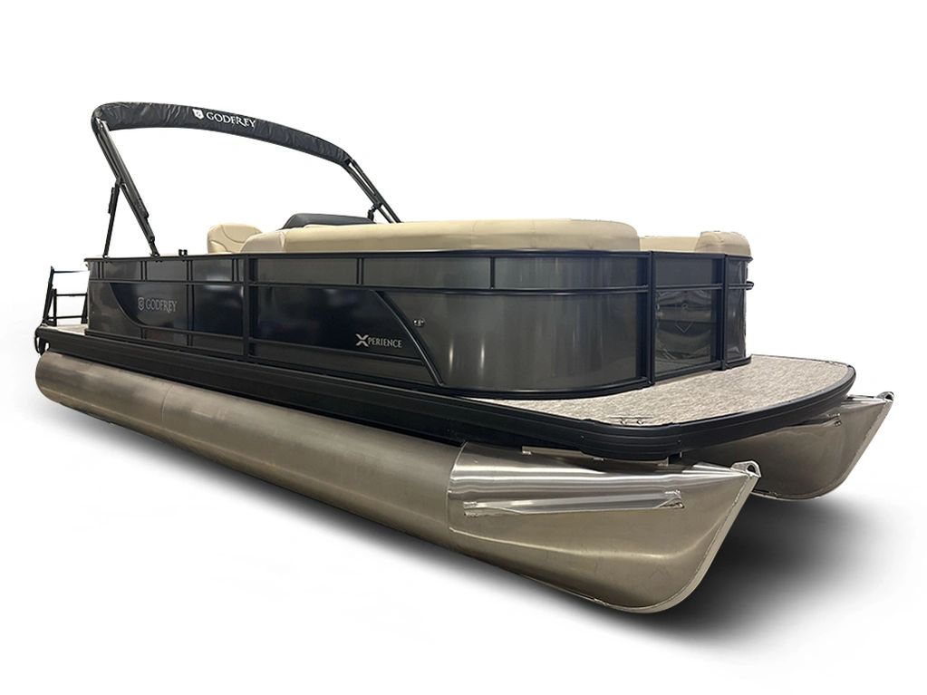 Modern black pontoon boat with tan seats.