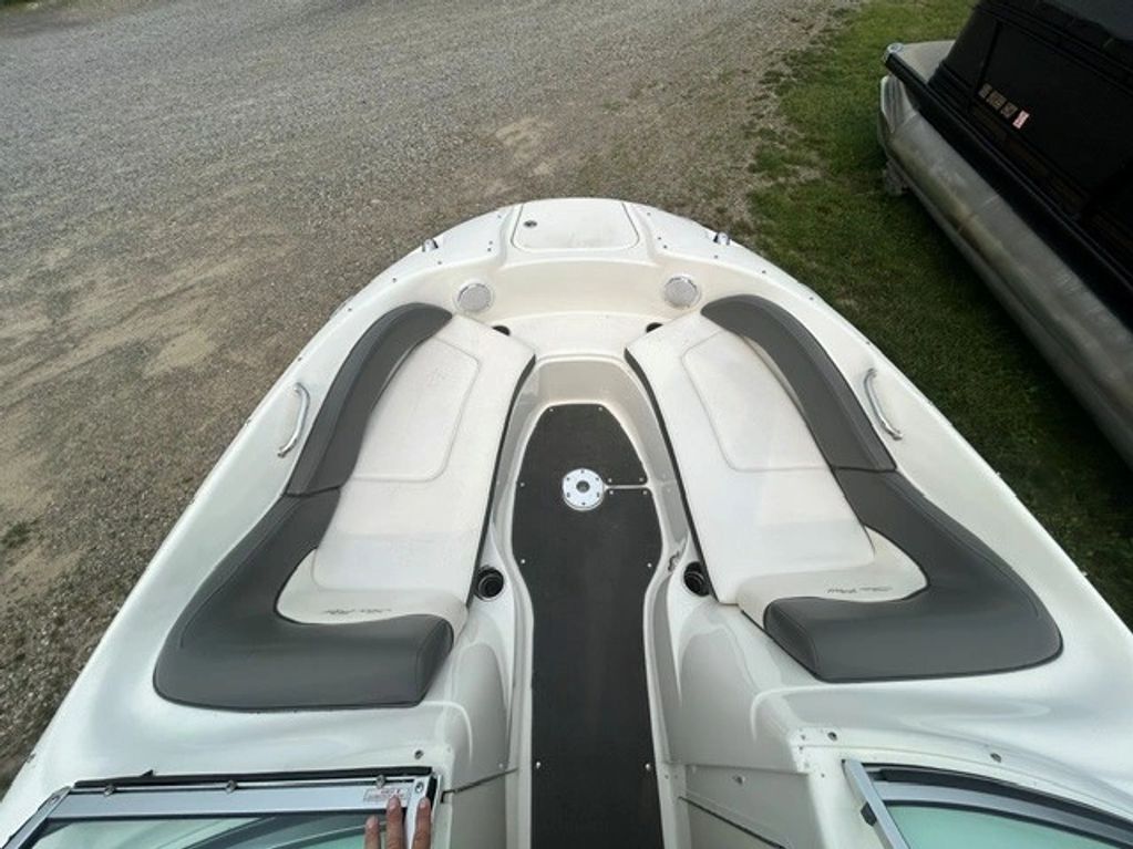 View of cushioned boat seating area.