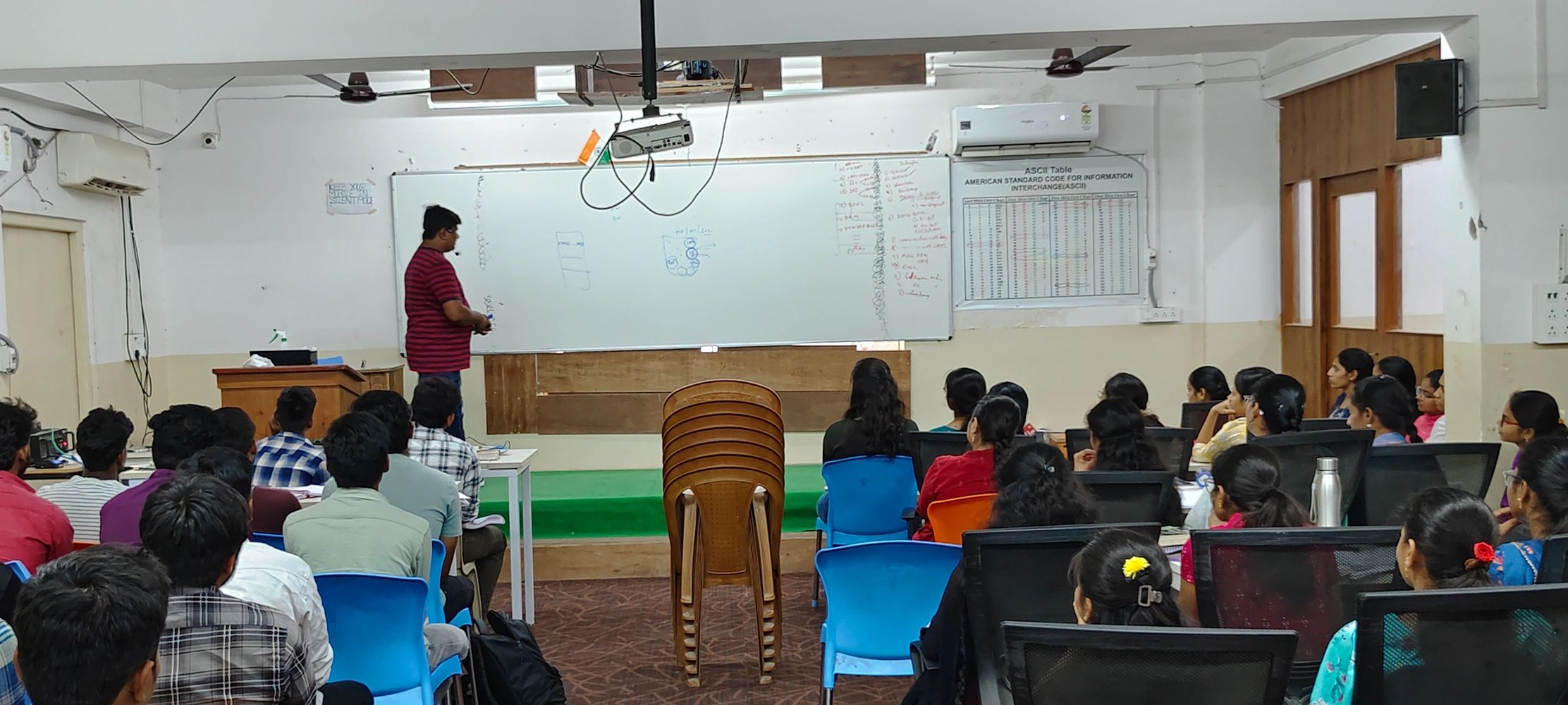 A classroom lecture with students attentively listening to a teacher near a whiteboard.