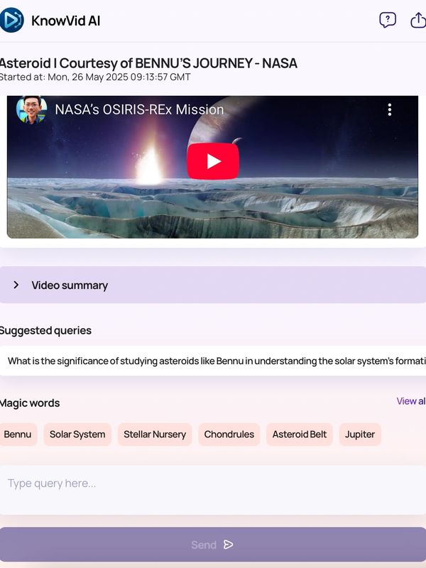 KnowVid AI dashboard interface with search bar, suggest query, keyword & expandable knowledge clouds