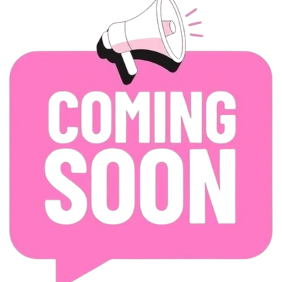 Pink speech bubble with 'COMING SOON' and a megaphone illustration.