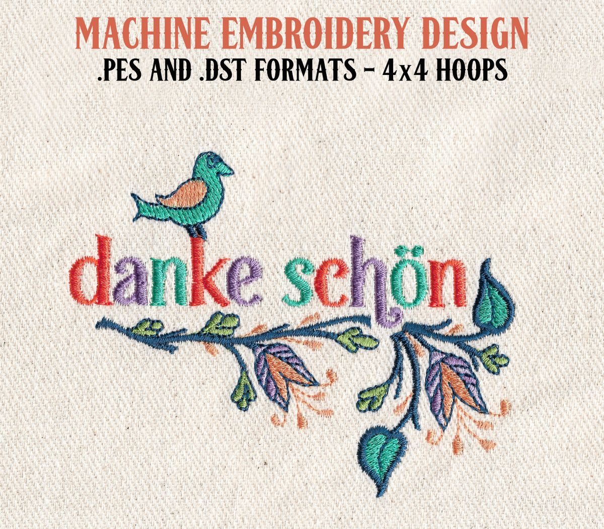 Danke Schon With German Folk Flowers - Machine Embroidery Design - 4x4 Size  - .PES and .DST Formats, image size:1200x1051