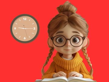 A girl with glasses reading a book against a red background with a clock.