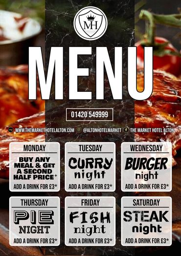 Market Hotel menu with daily specials and drink offers.