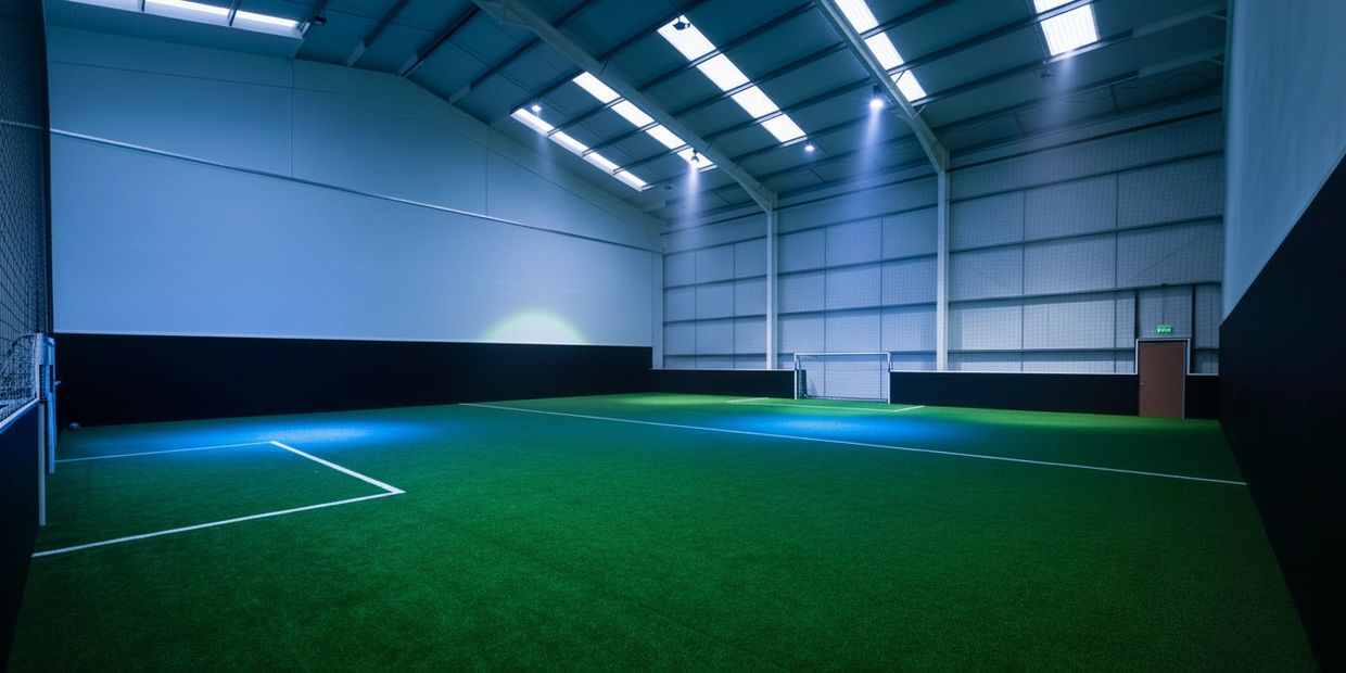 Indoor soccer field with artificial turf and goalposts under bright lights.
