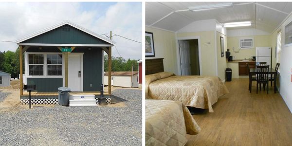 15 cabin rentals with 2 queen size beds, walk in shower, direct tv, and a charcoal grill.