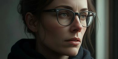 Thoughtful woman wearing glasses, looking out a window in soft natural light.