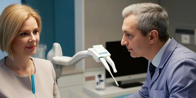 Doctor and patient discussing health during a consultation in a medical office.