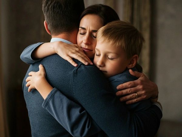 A family sharing a warm group hug with closed eyes.