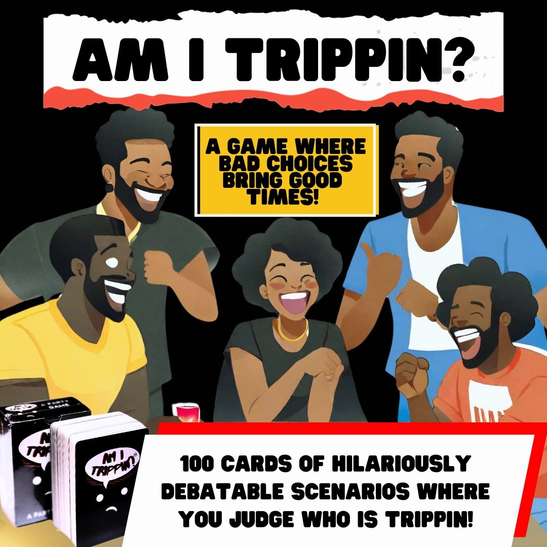Group smiling playing am i tripping card game at an adult birthday party