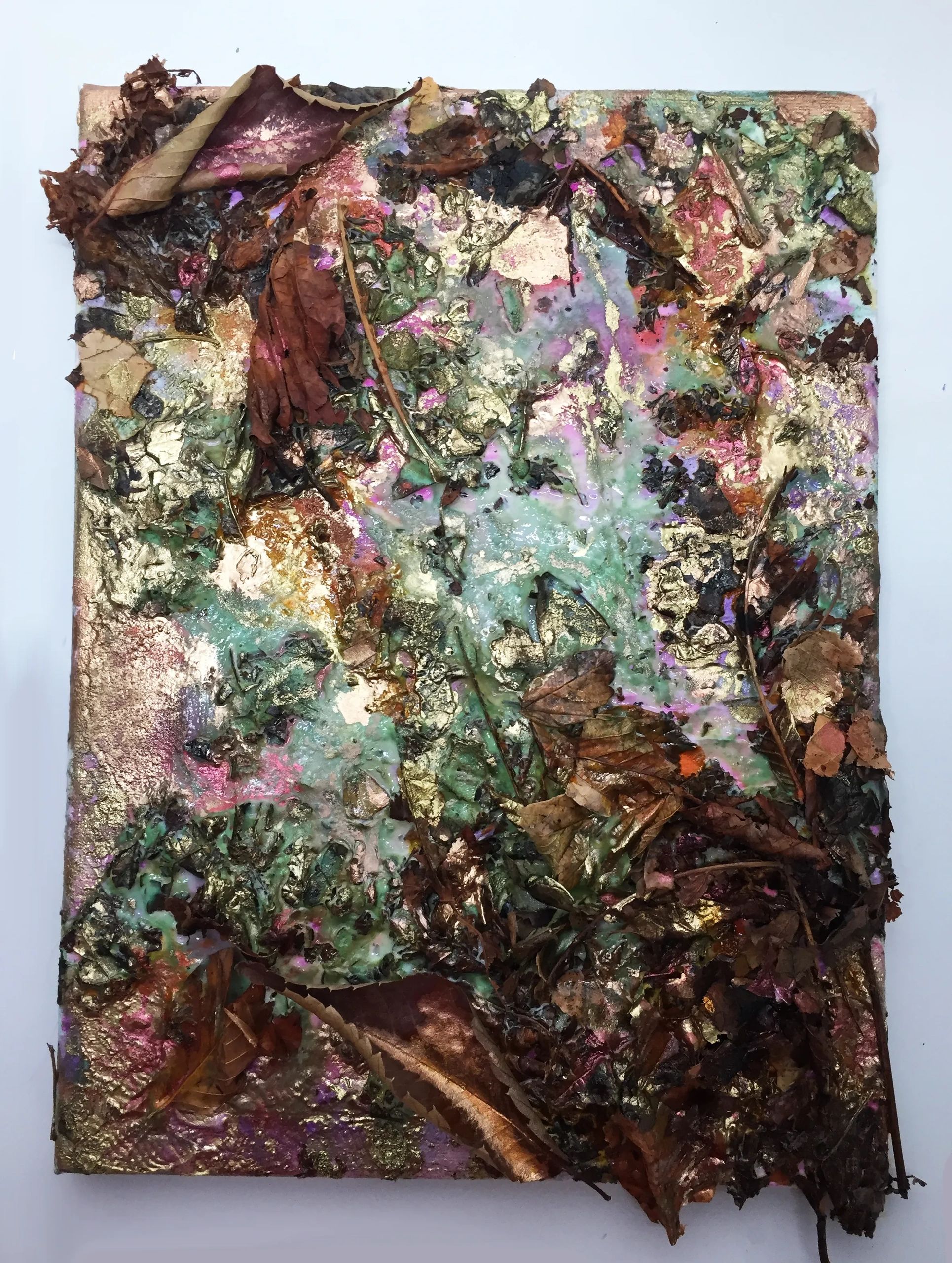 Abstract painting of falling autumn leaves using dried autumn leaves, PVA glue, acrylic and inks on 