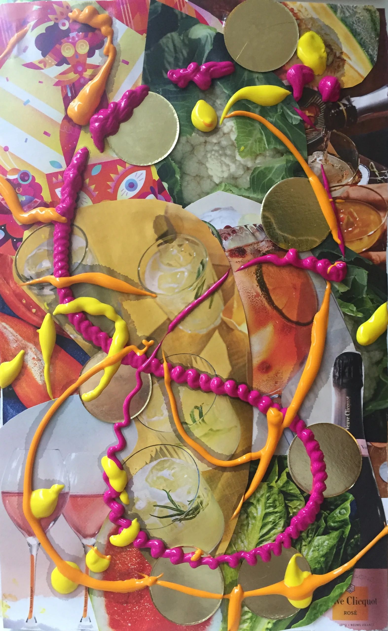 Abstract collage using magazine photos, PVA glue, party confetti and acrylic on small acrylic paper.