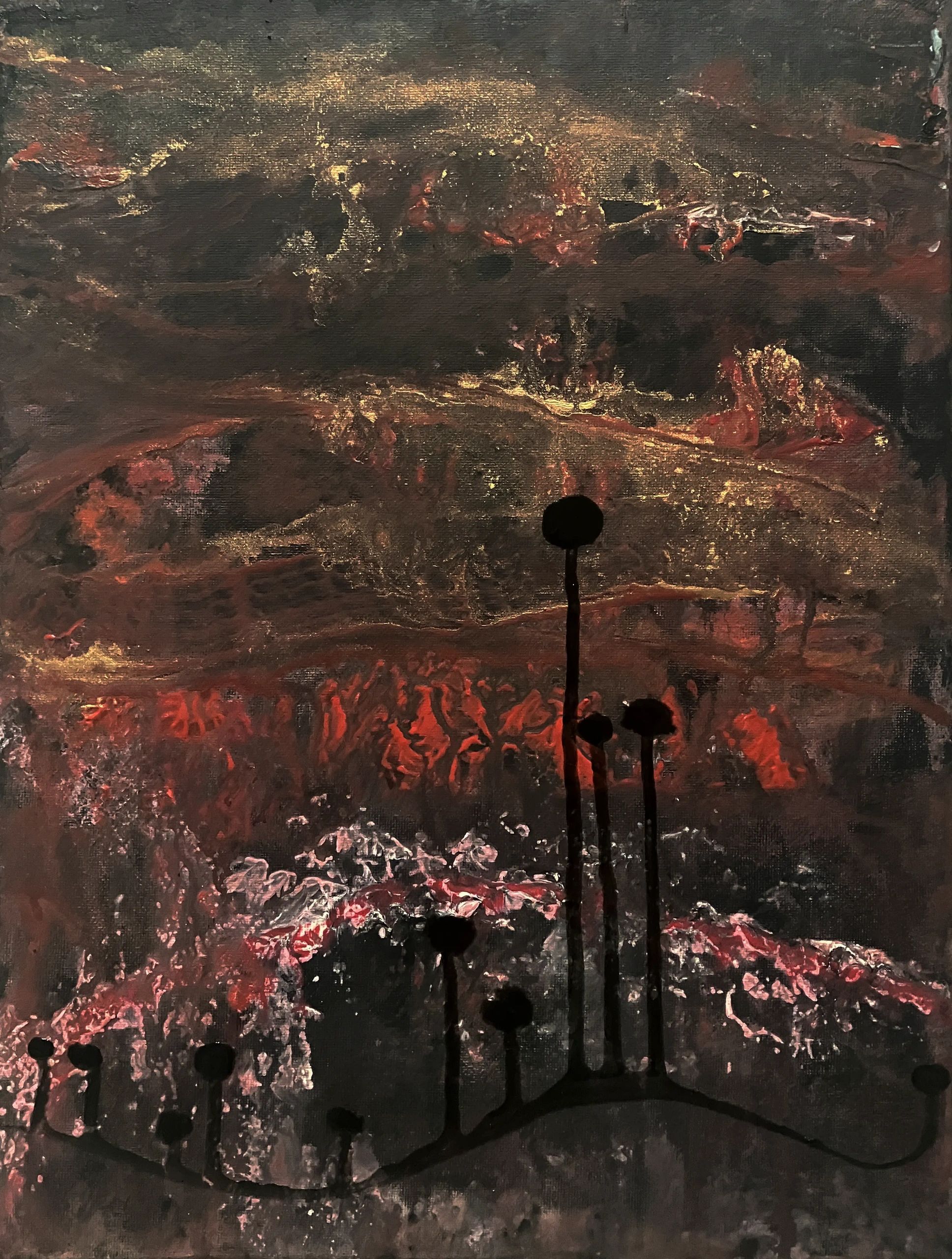 Abstract painting of fear using acrylic and ink on medium canvas.