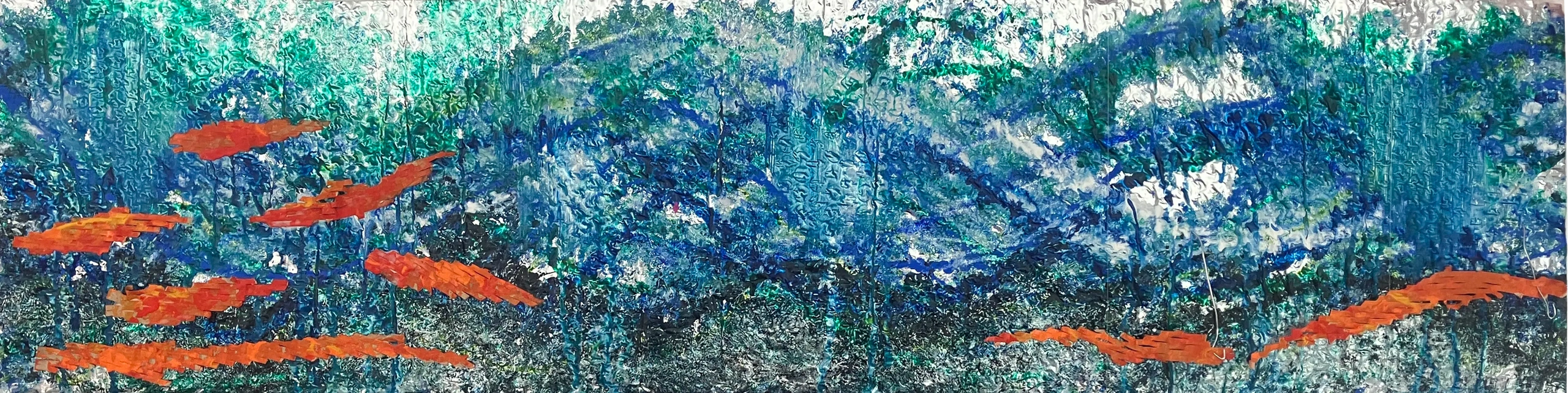 Abstract painting of fish using acrylic and mixed media on foil insulation.