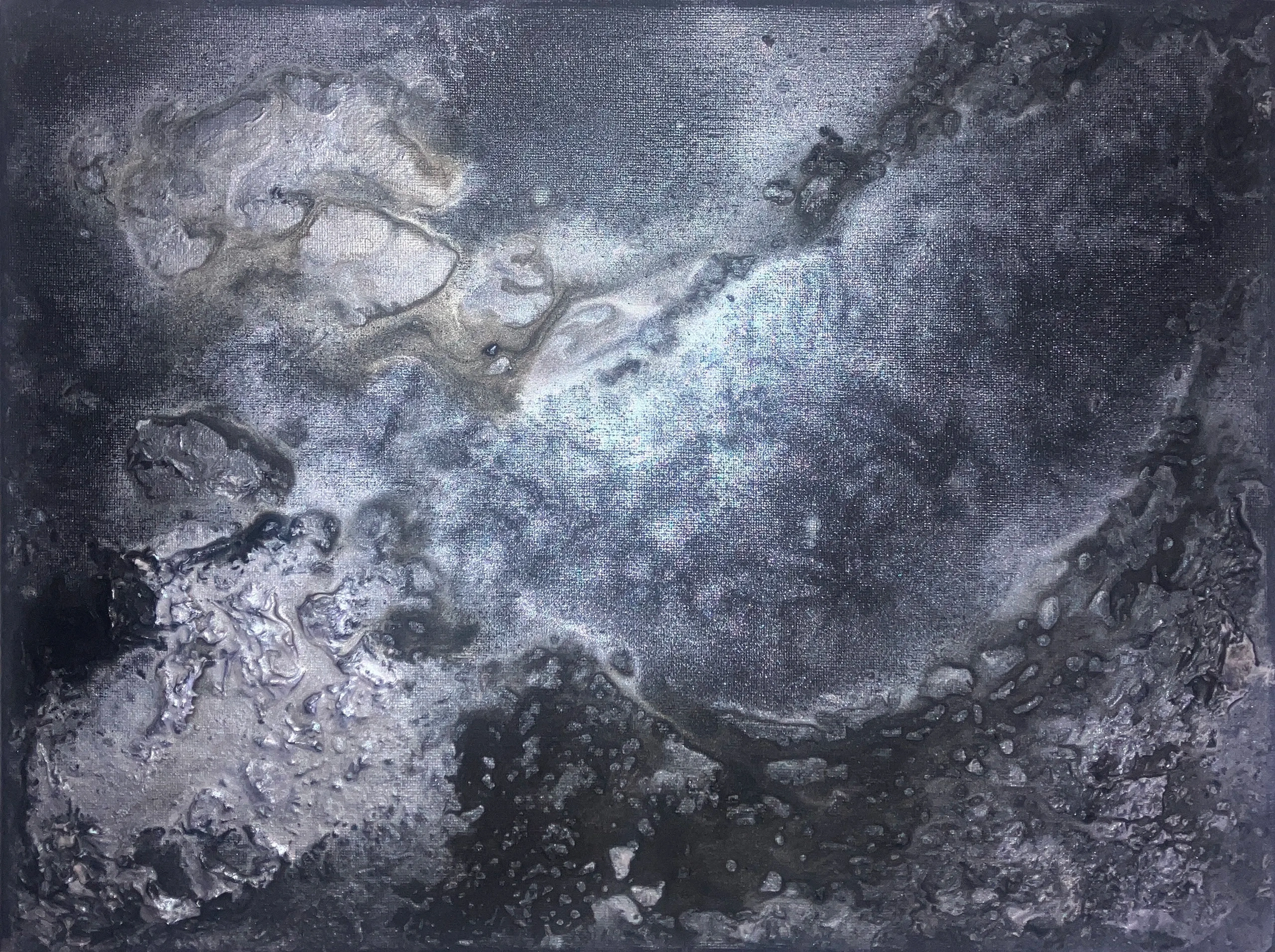 Abstract painting of an oyster shell using 3D acrylic medium and acrylic on medium canvas.