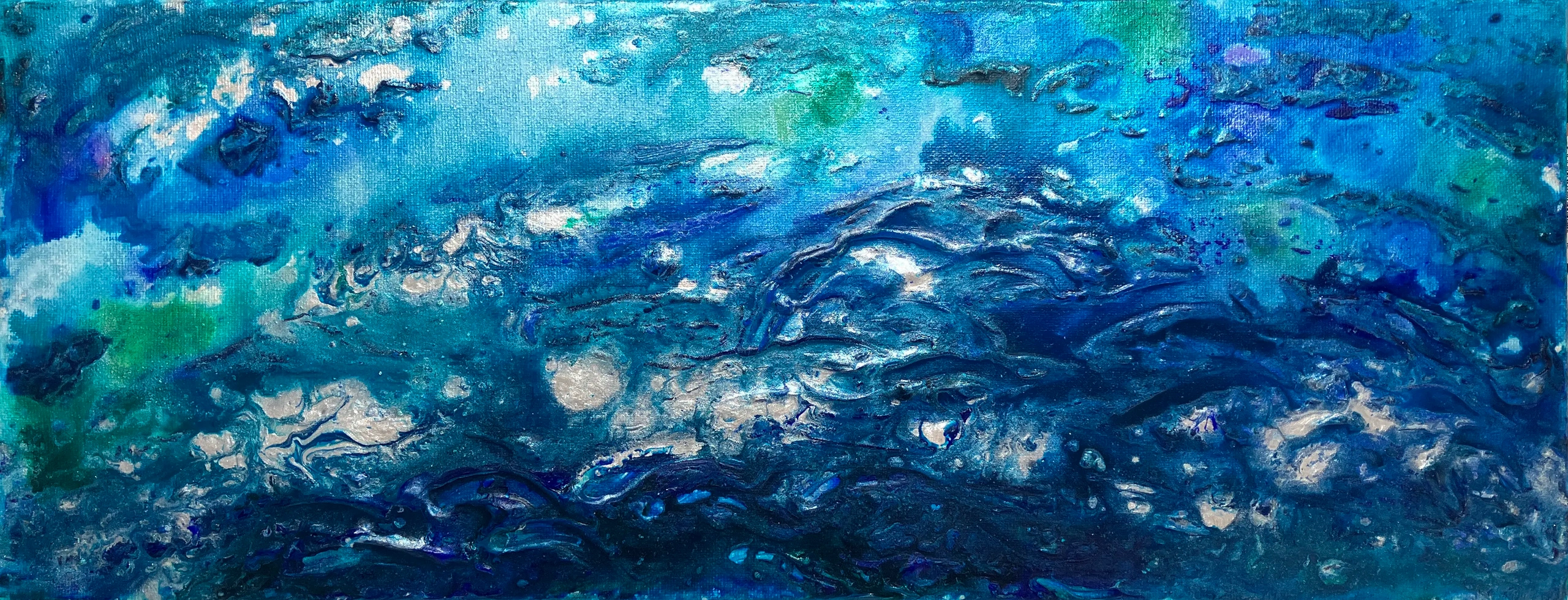 Abstract painting of the sea using 3D acrylic gloss medium, acrylic and inks on medium canvas.