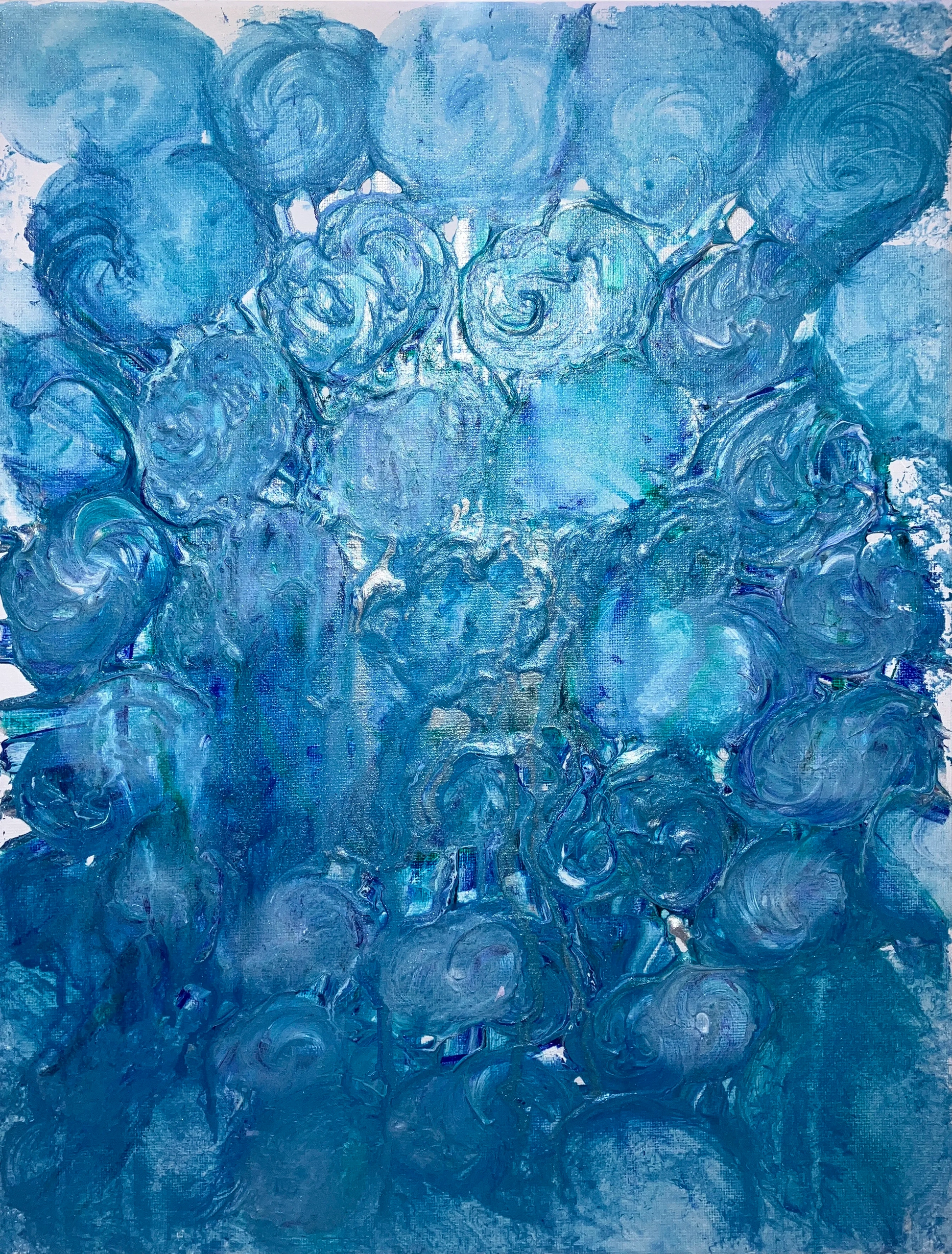 Abstract painting of introspection using 3D acrylic medium, inks and acrylic on medium canvas.