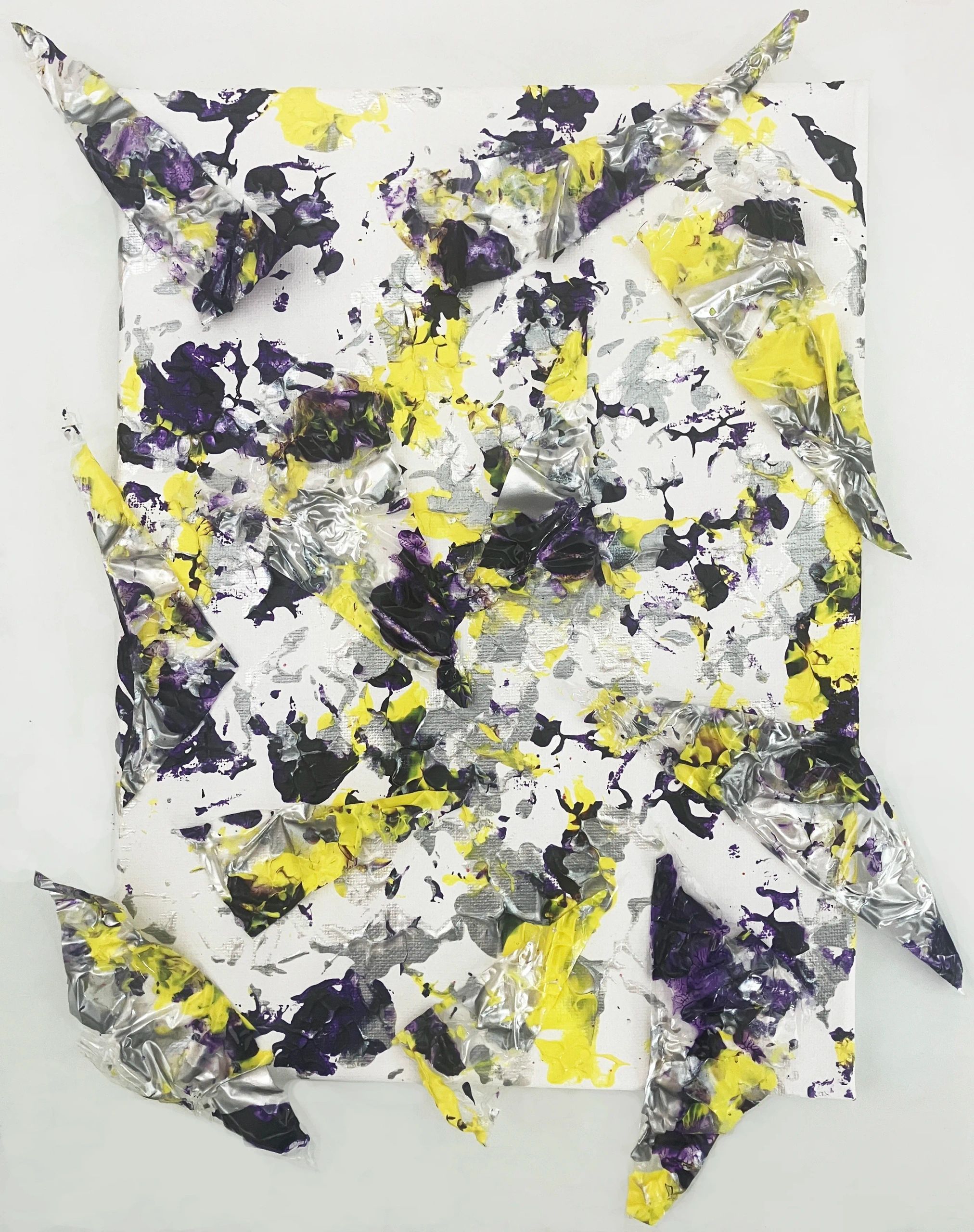 Abstract painting of irritation using melted plastic pieces and printed acrylic on small canvas.