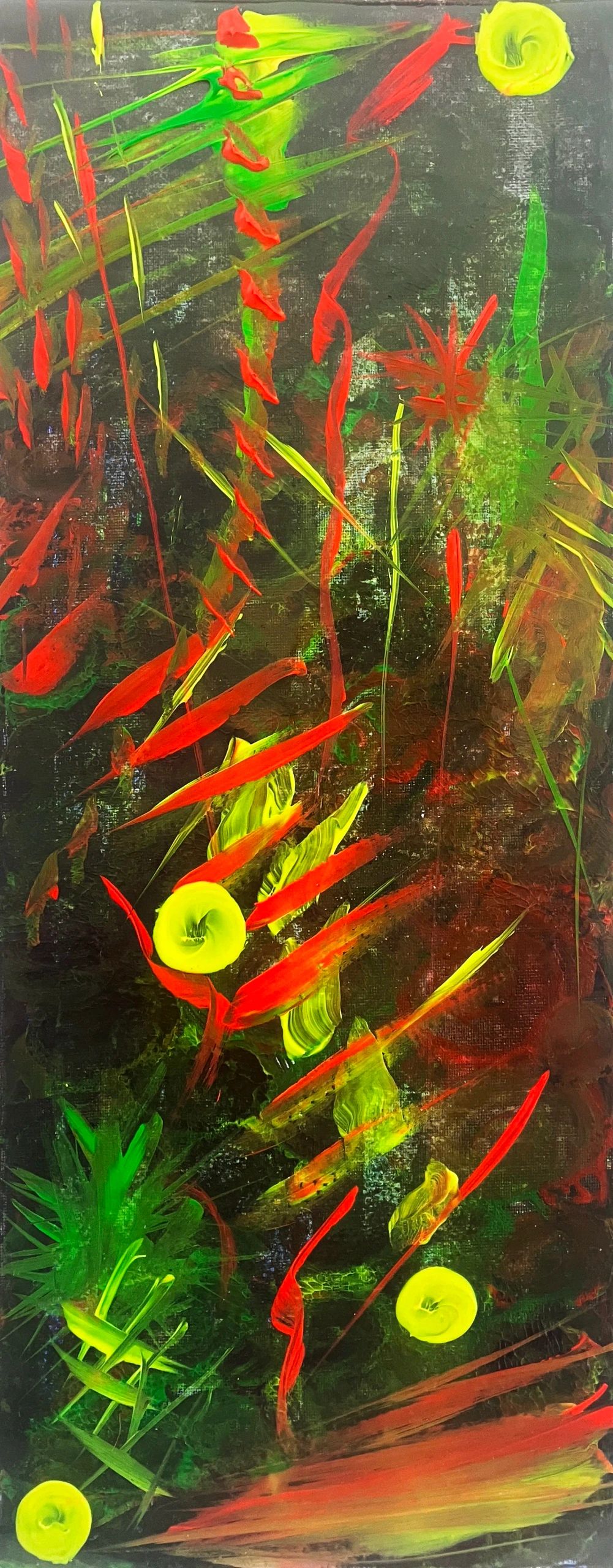 Abstract painting of manic depression using fluorescent acrylic on plastic on medium canvas