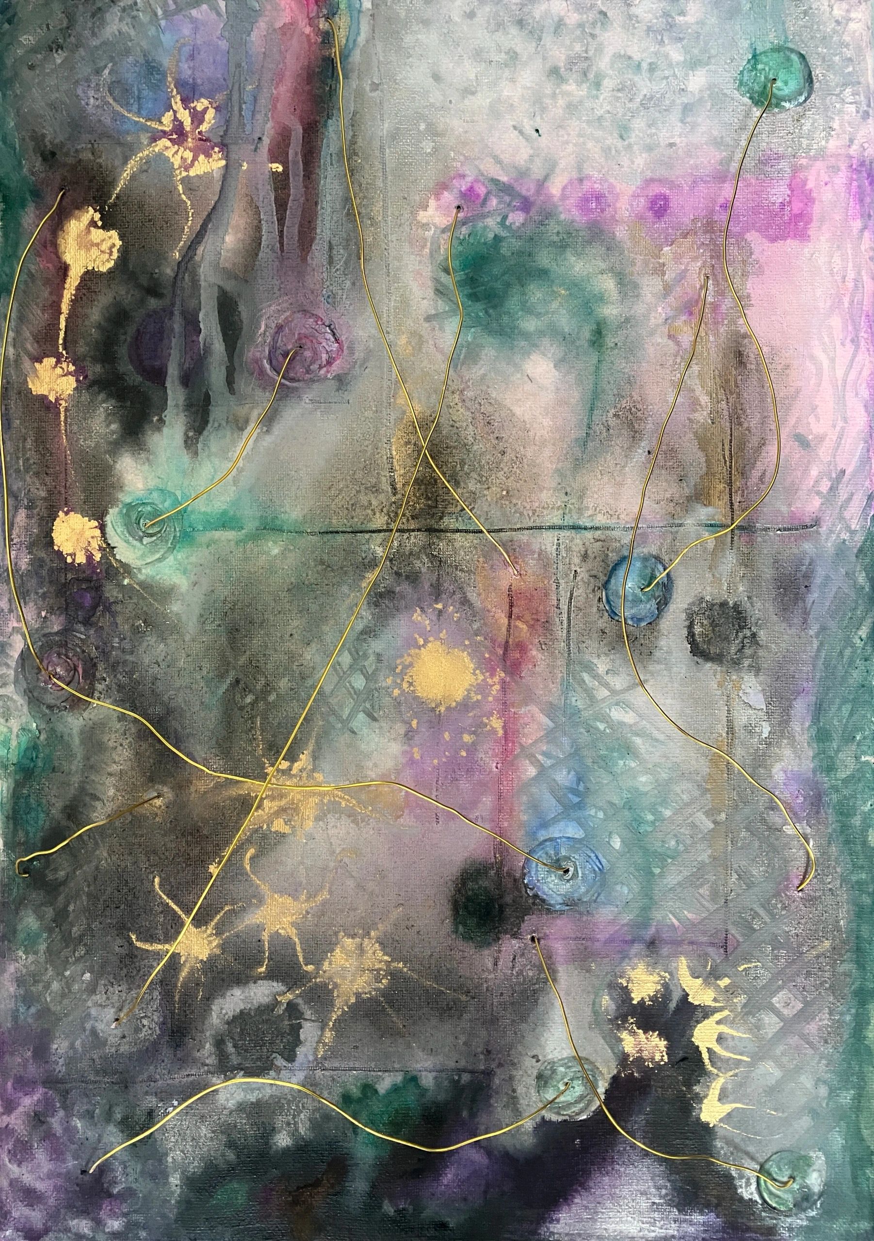 Abstract painting of family relationships using acrylic, ink and wire on medium canvas.
