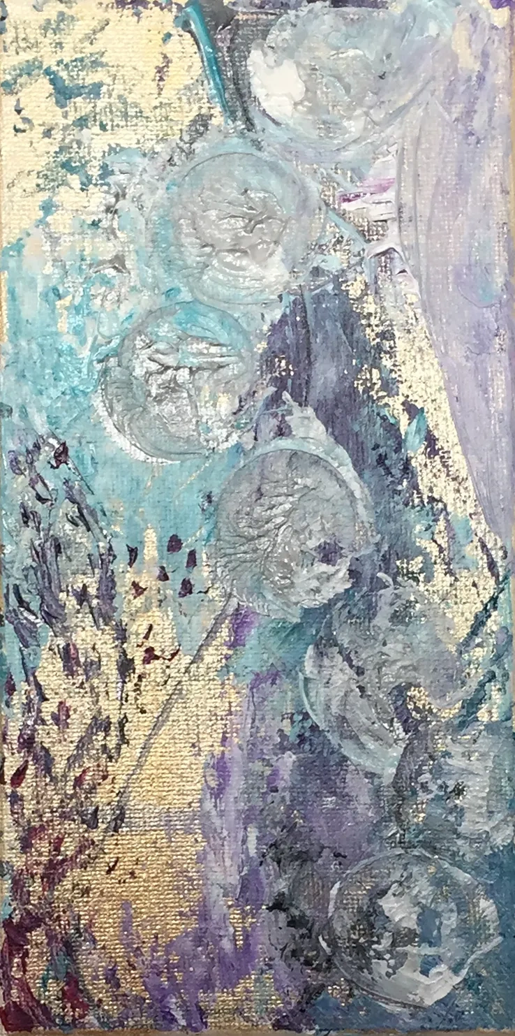 Abstract painting using rubbish to apply acrylic onto tiny  canvas.