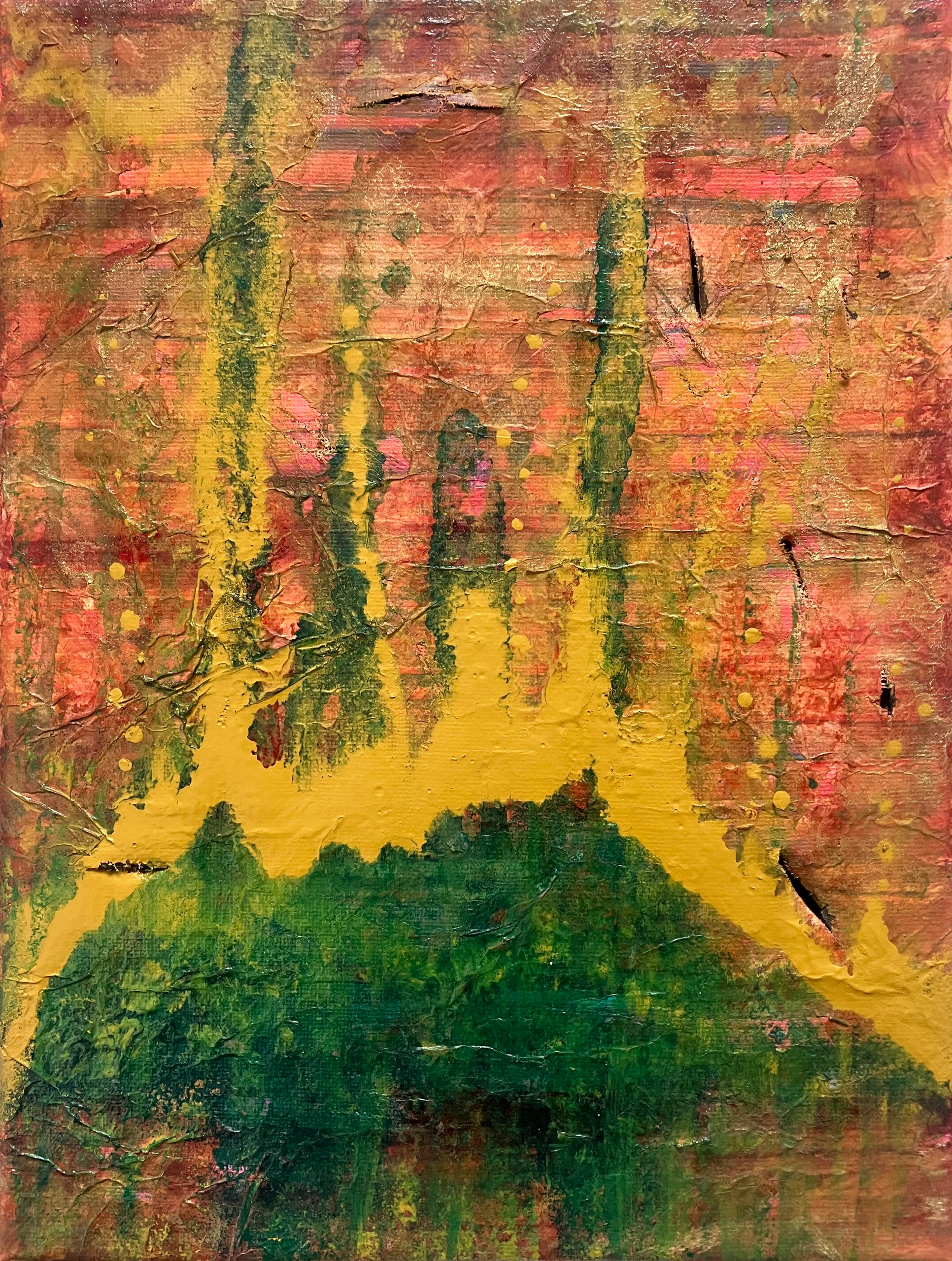 Abstract painting of a wall using acrylic, inks and mixed media on small, slashed canvas.