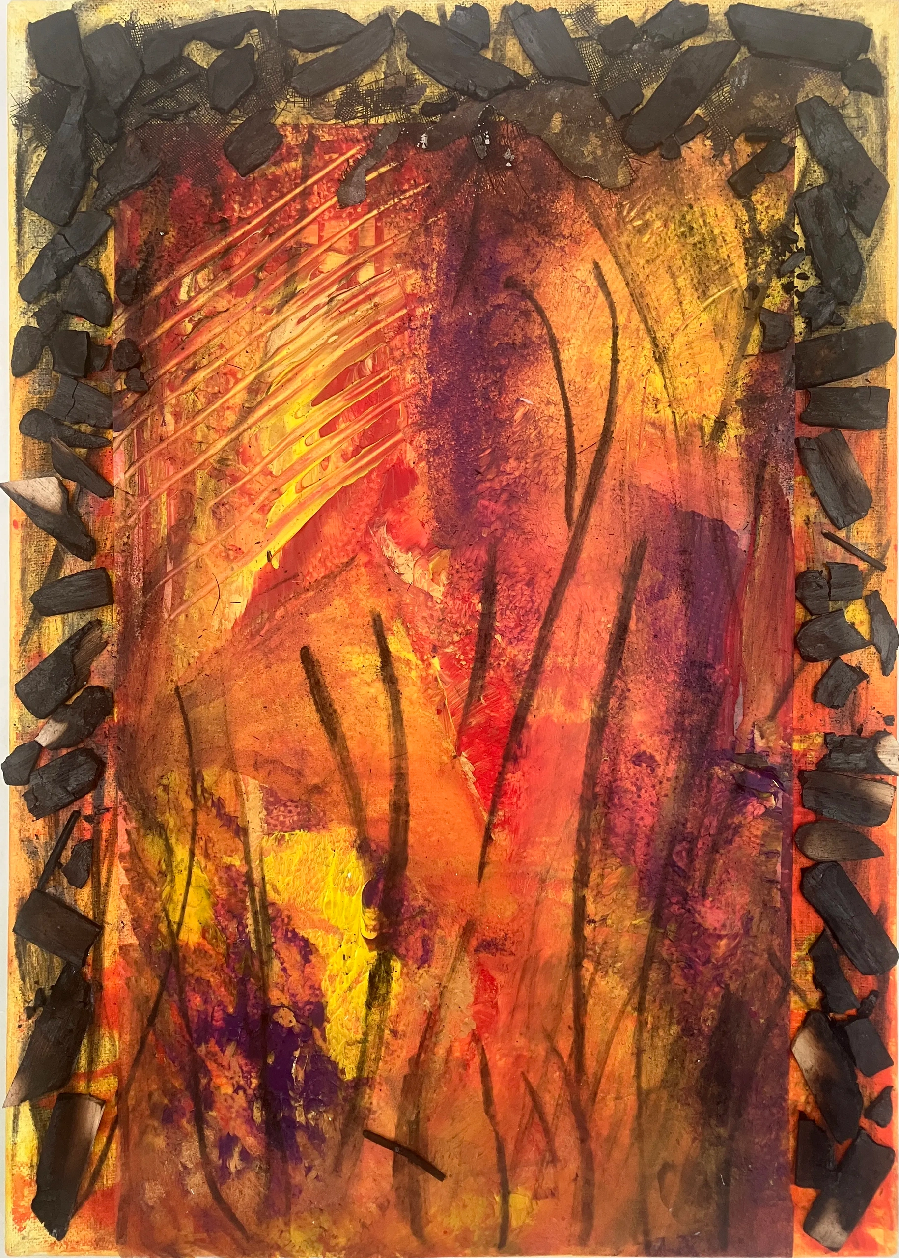 Abstract painting of a fire using acrylic, burnt wood and charcoal on plastic on medium canvas.