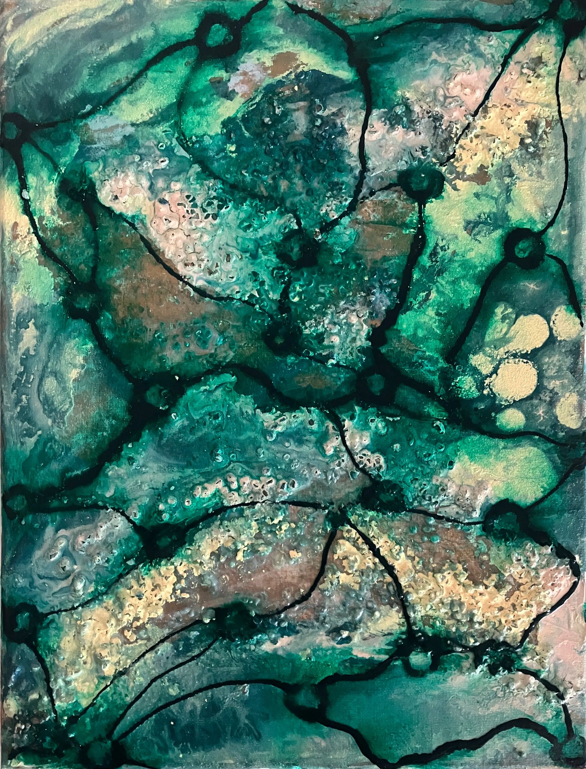 Abstract painting of buried treasure using  acrylic and mixed media medium canvas.