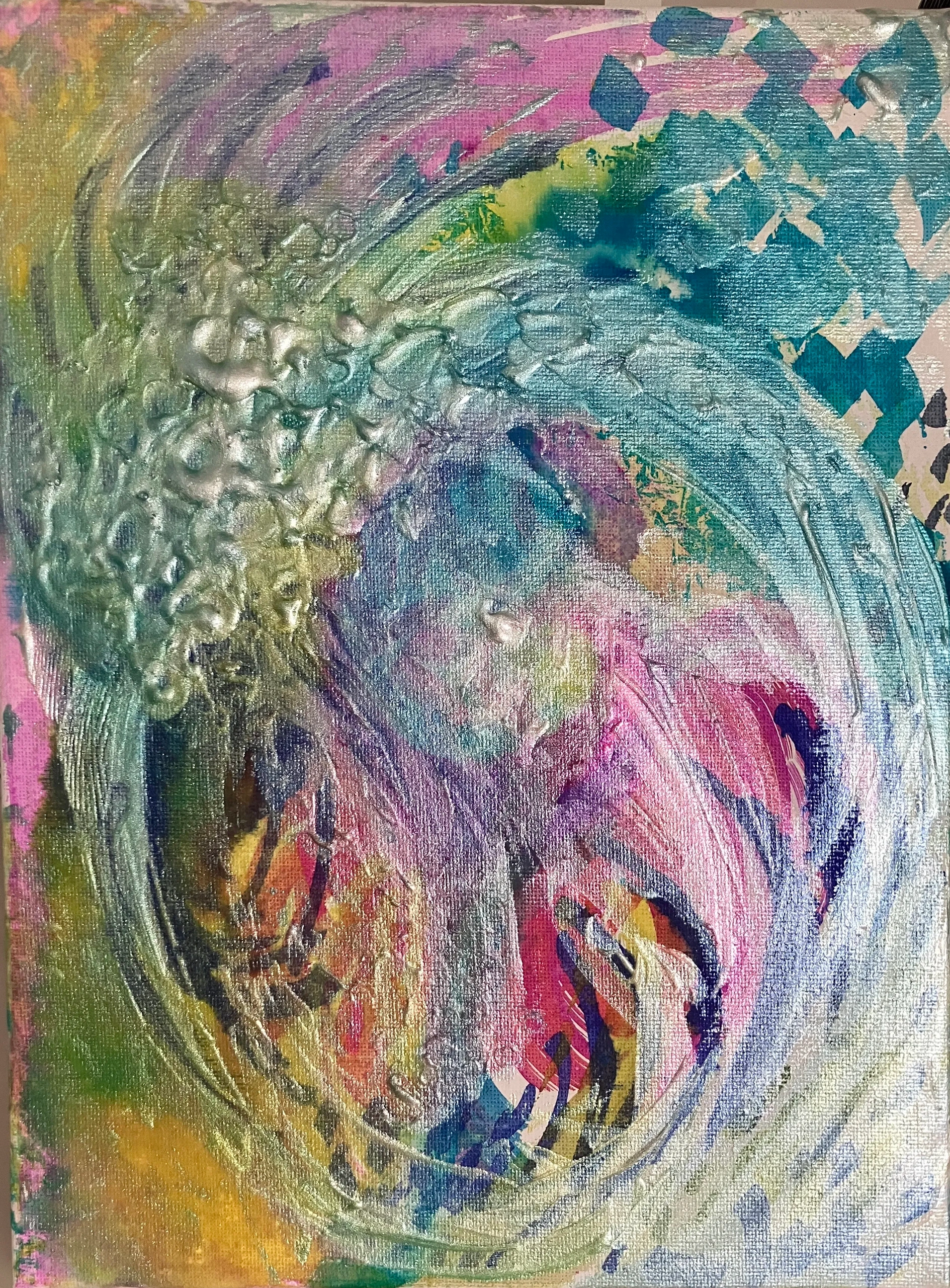 Abstract painting using 3D acrylic medium, acrylic and inks on small canvas.