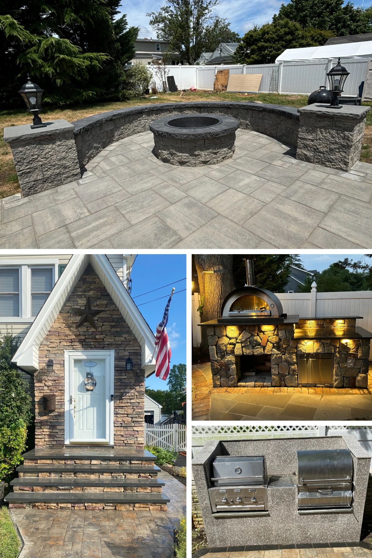 Outdoor stone fire pit, pizza oven, grill, and stone entrance with stairs and flag.