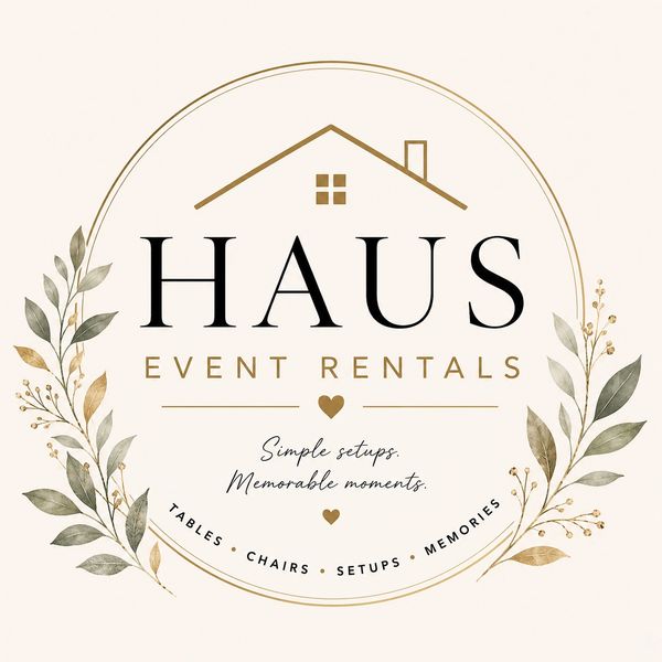 Elegant logo for HAUS Event Rentals with floral accents and a home roof icon.