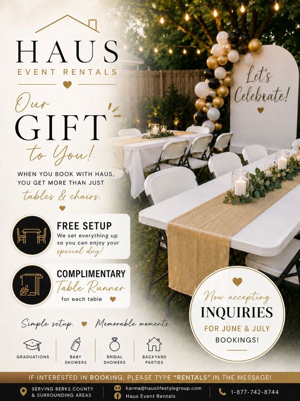 Elegant event rental setup with tables, chairs, and decorative runners for special occasions.