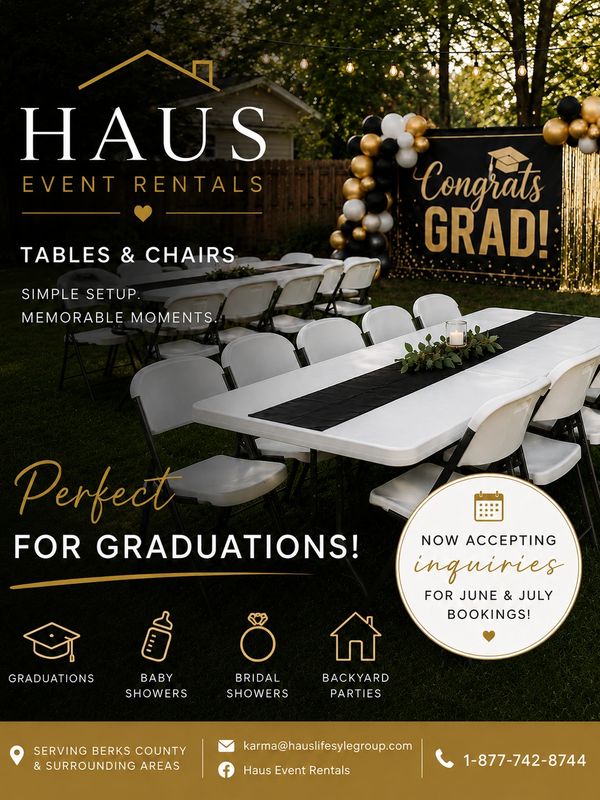 Outdoor event rental setup with tables, chairs, and graduation decorations.