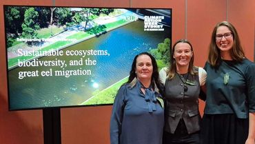 Baramadagal women Linda Sainsbury, Brie Fisher and Kara Brussen during Climate Action Week Sydney.