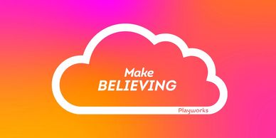 White cloud shape with text 'Make BELIEVING' on pink to orange gradient background.
