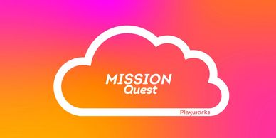 Cloud shape with 'MISSION Quest' text on gradient background.