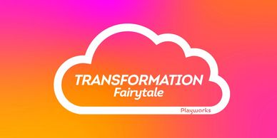 Transformation Fairytale logo inside a cloud on a pink-orange background.