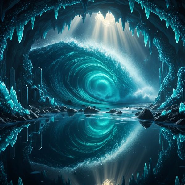 A mystical cave with glowing blue crystals and a swirling water vortex inside.