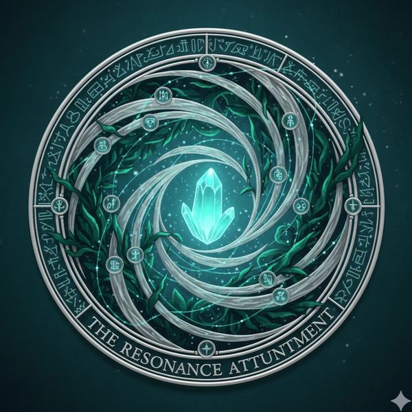 A mystical circular emblem with glowing crystal and arcane symbols.