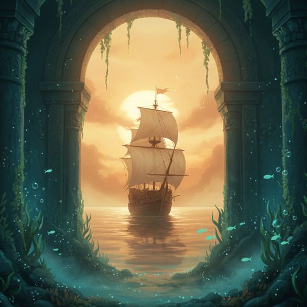 A ship sails at sunset viewed through an ancient underwater archway.
