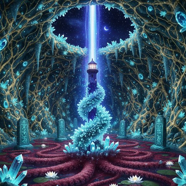 A mystical lighthouse entwined by glowing vines in an enchanted cavern under a starry sky.