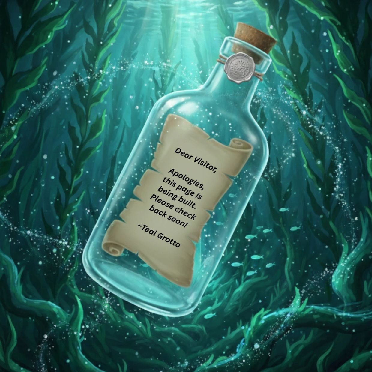 Message in a bottle underwater with a note about a page being built.