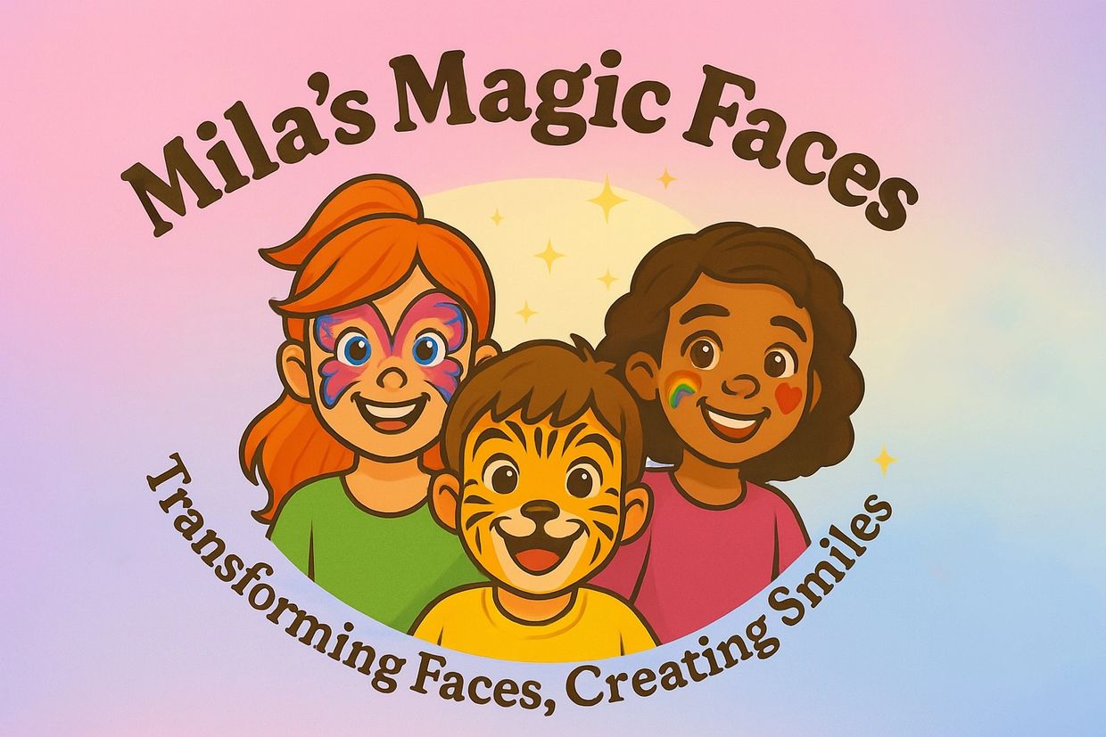 Logo of Mila's Magic Faces with kids' faces painted and smiling.