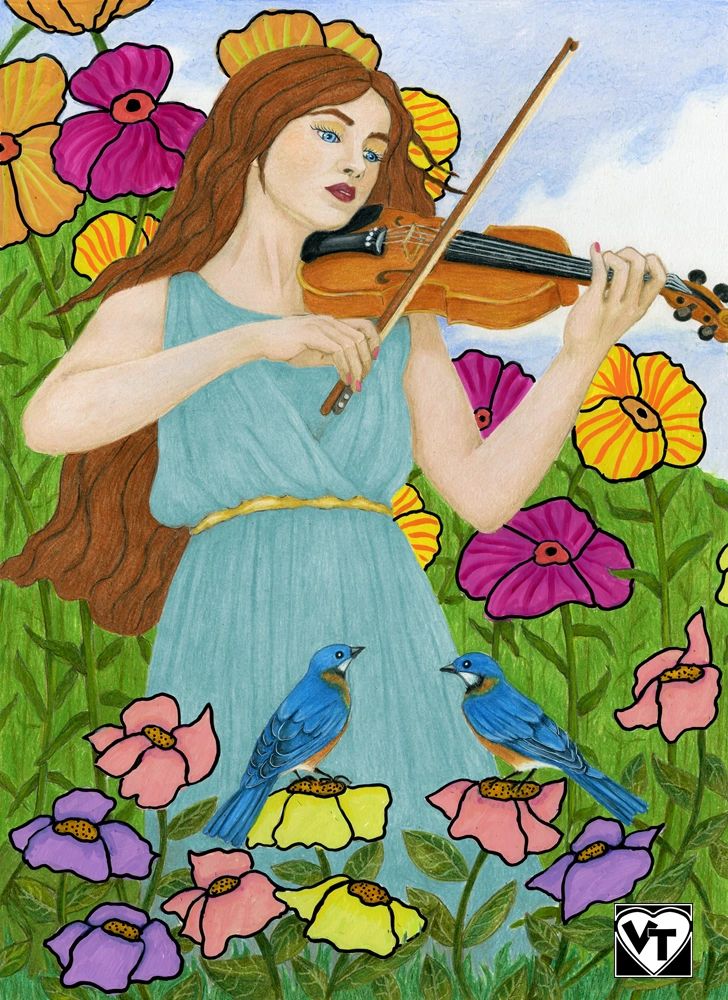Woman playing violin for two birds in a garden.